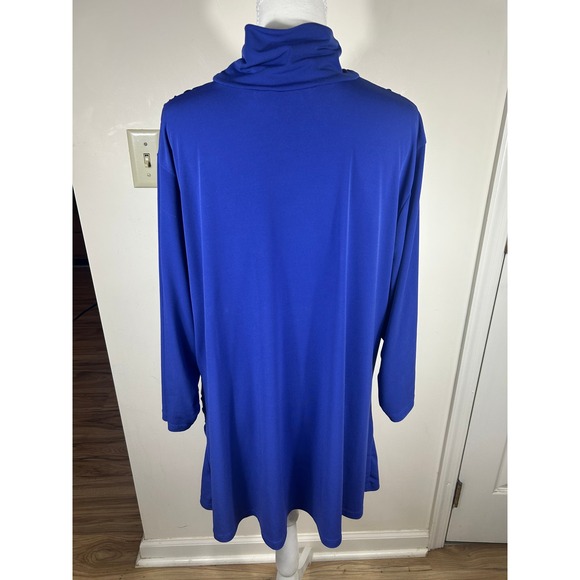 Susan Graver Liquid Knit Tunic Top Womens 2X Blue Mock Neck Keyhole Ruched Sleek - Picture 2 of 12